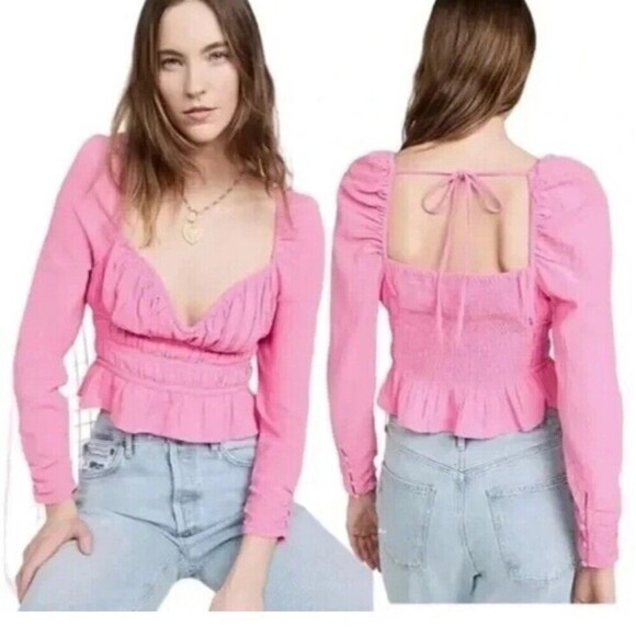 Free People Chloe Top Long Sleeve Wired Sweetheart Neckline Smocked Pink Small - Picture 2 of 10